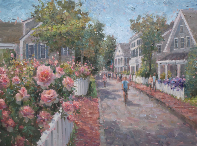A painting of a man riding a bike down a street surrounded by pink roses.