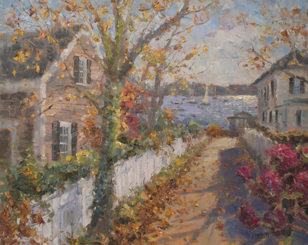 A painting of a house and a path leading to a body of water.