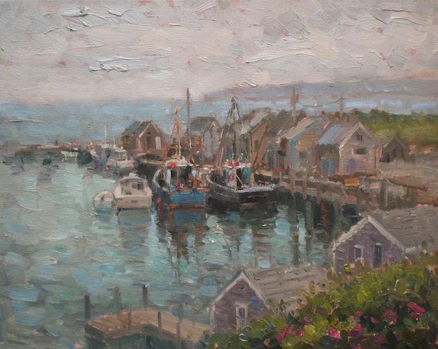A painting of a harbor with boats and houses in the water.