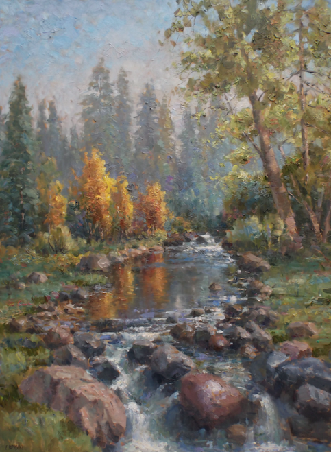 A painting of a river surrounded by trees and rocks in a forest.