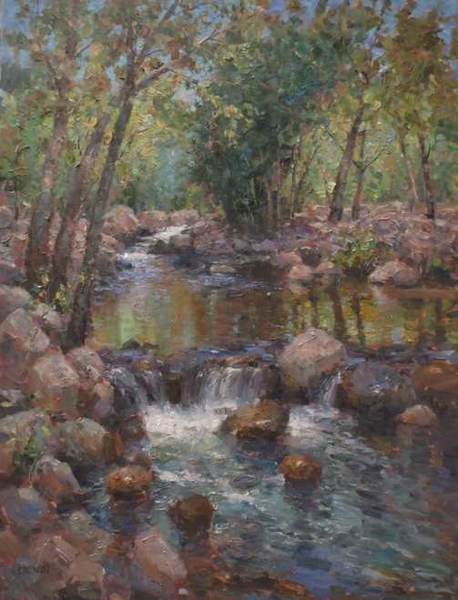 A painting of a stream running through a forest with trees and rocks.