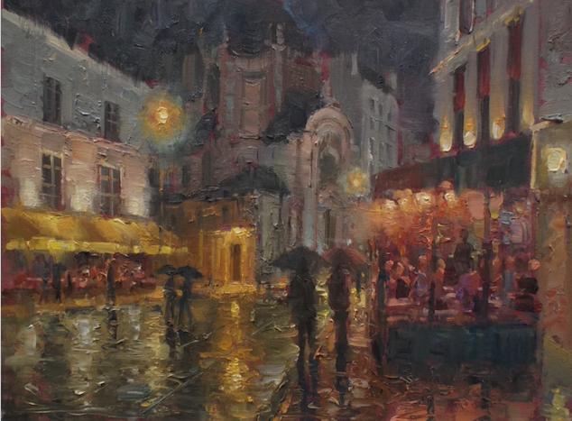 A painting of a city street at night with people walking in the rain with umbrellas.