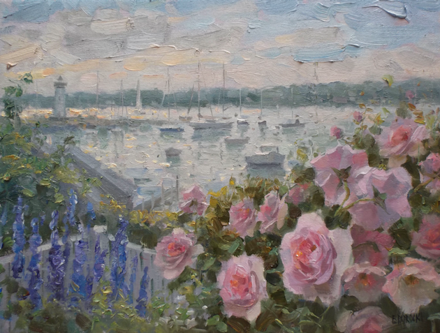 A painting of pink roses and boats in the water.