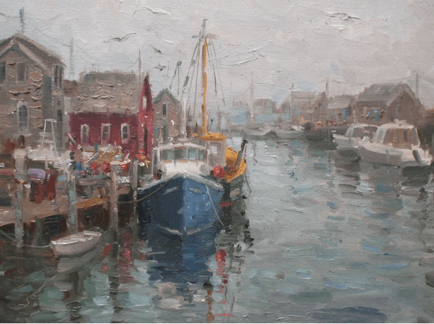 A painting of boats docked in a harbor with buildings in the background.