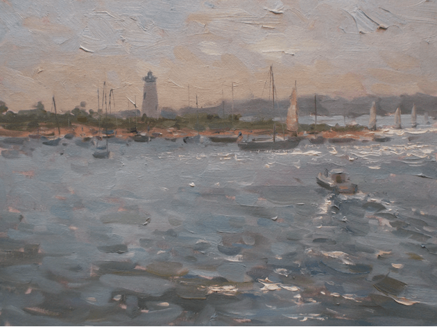 A painting of boats in the water with a lighthouse in the background