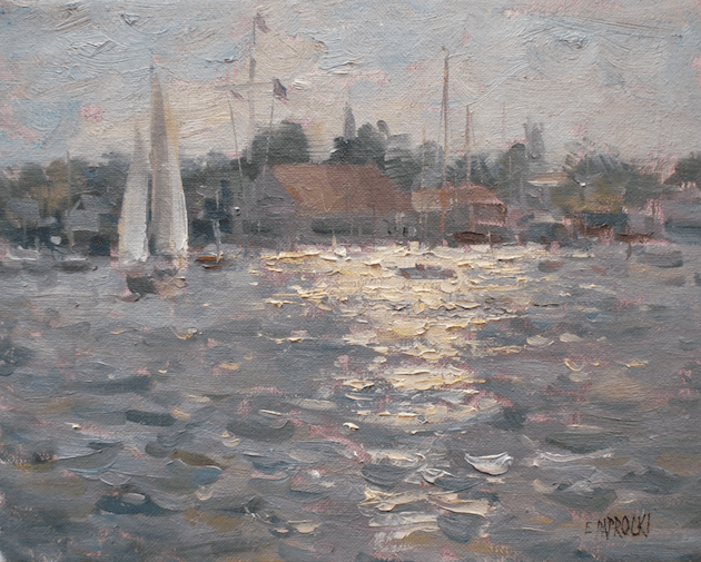 A painting of a harbor with sailboats and a house in the background.
