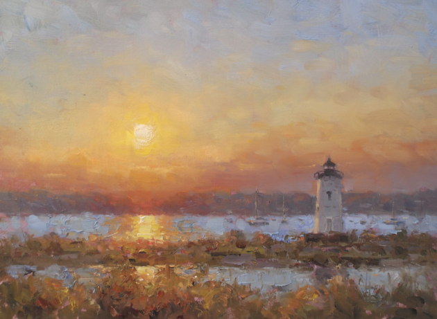 A painting of a lighthouse in the middle of a body of water at sunset.