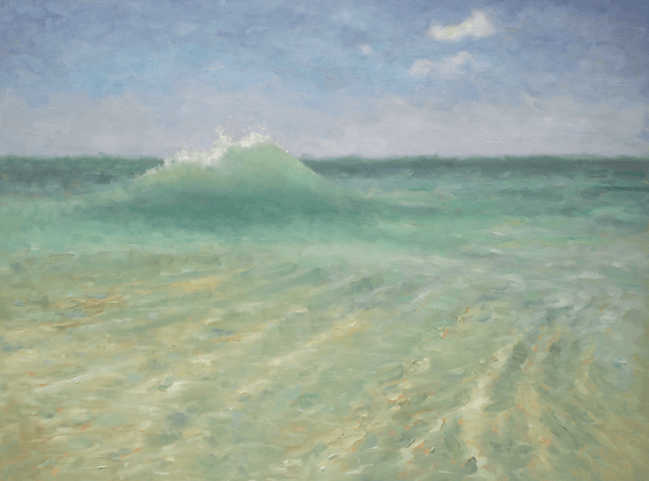 A painting of a wave crashing on a beach.