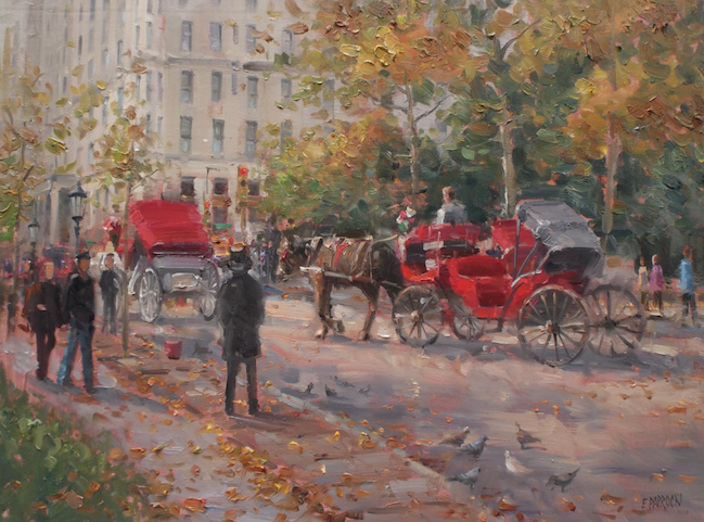 A painting of a horse drawn carriage in a park.