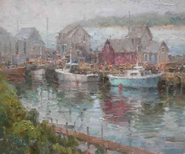 A painting of boats docked in a harbor with houses in the background.