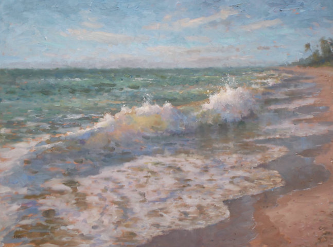 A painting of waves crashing on a sandy beach.