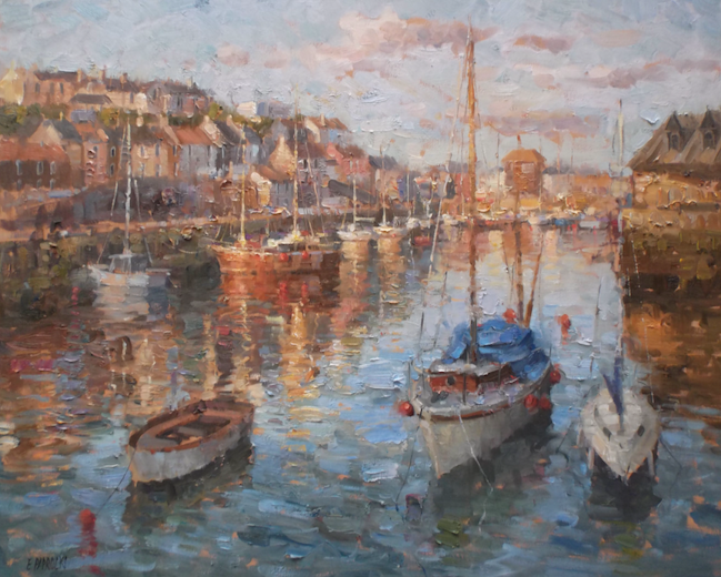 A painting of boats in a harbor with a city in the background.