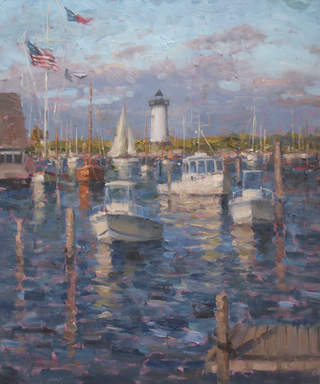 A painting of boats docked in a harbor with a lighthouse in the background.