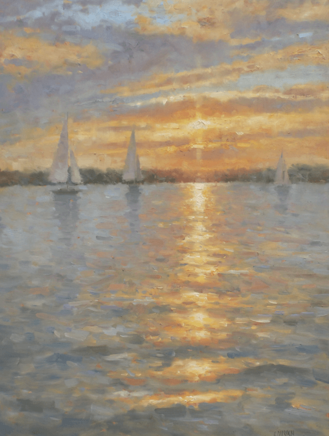 A painting of sailboats in the water at sunset.