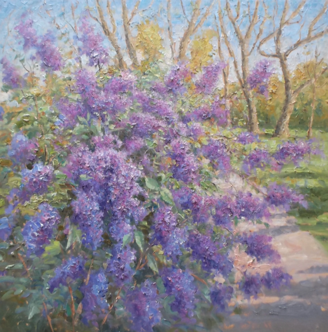 A painting of a bush with purple flowers and trees in the background.
