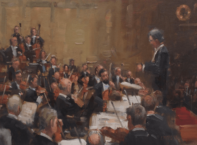 A painting of a conductor leading an orchestra in a concert.