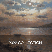 A painting of a boat in the middle of a body of water.