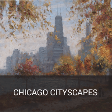 A painting of a cityscape with the words chicago cityscapes below it
