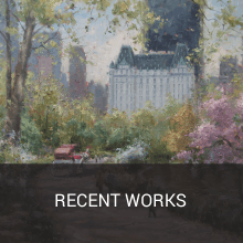 A painting of a park with the words recent works below it