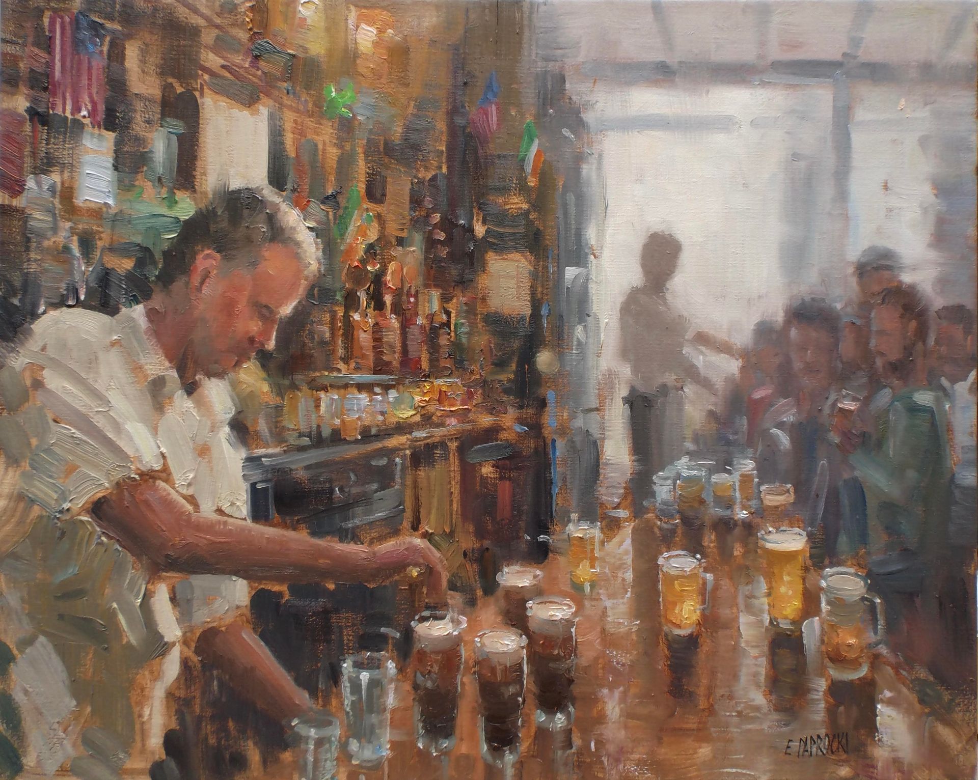 A painting of a bartender pouring beer into glasses at a bar.