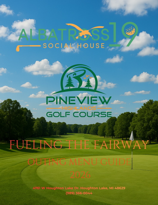 Menu guide cover for Albatross 19 Social House at Pineview Golf Course with course scene.
