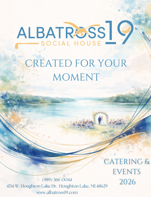 Menu guide cover for Albatross 19 Social House at Pineview Golf Course with course scene.