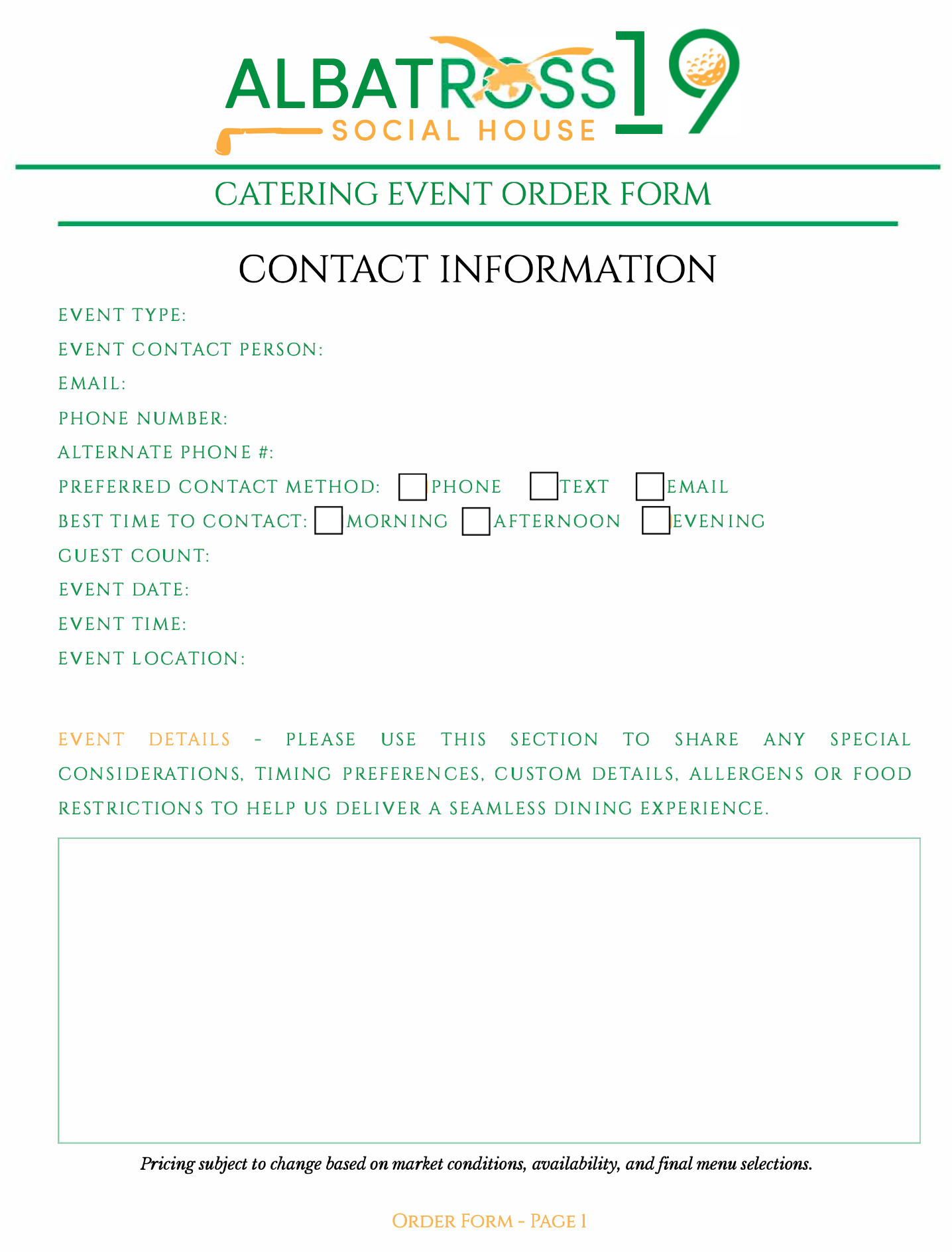 Registration form for Albatross 19 Social House golf outing. Includes contact info fields and a section for additional notes.