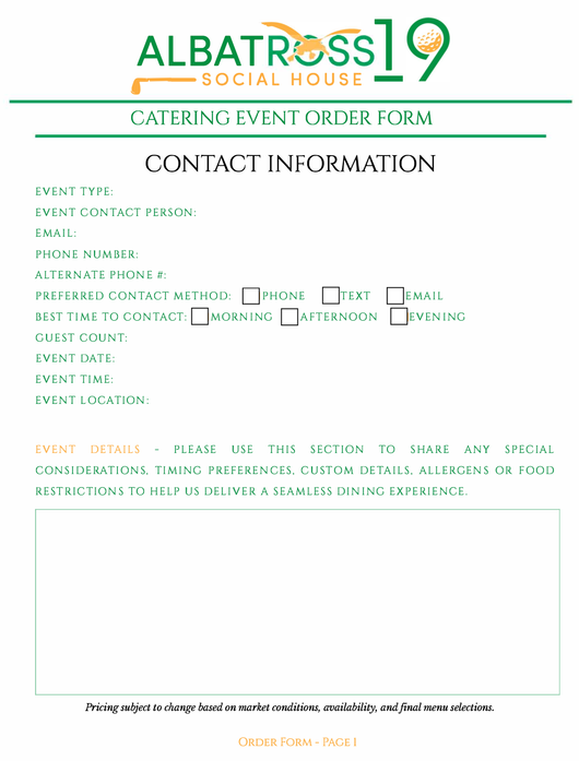 Registration form for Albatross 19 Social House golf outing. Includes contact info fields and a section for additional notes.