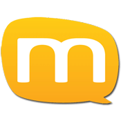 Yellow speech bubble with a white lowercase “m” logo inside