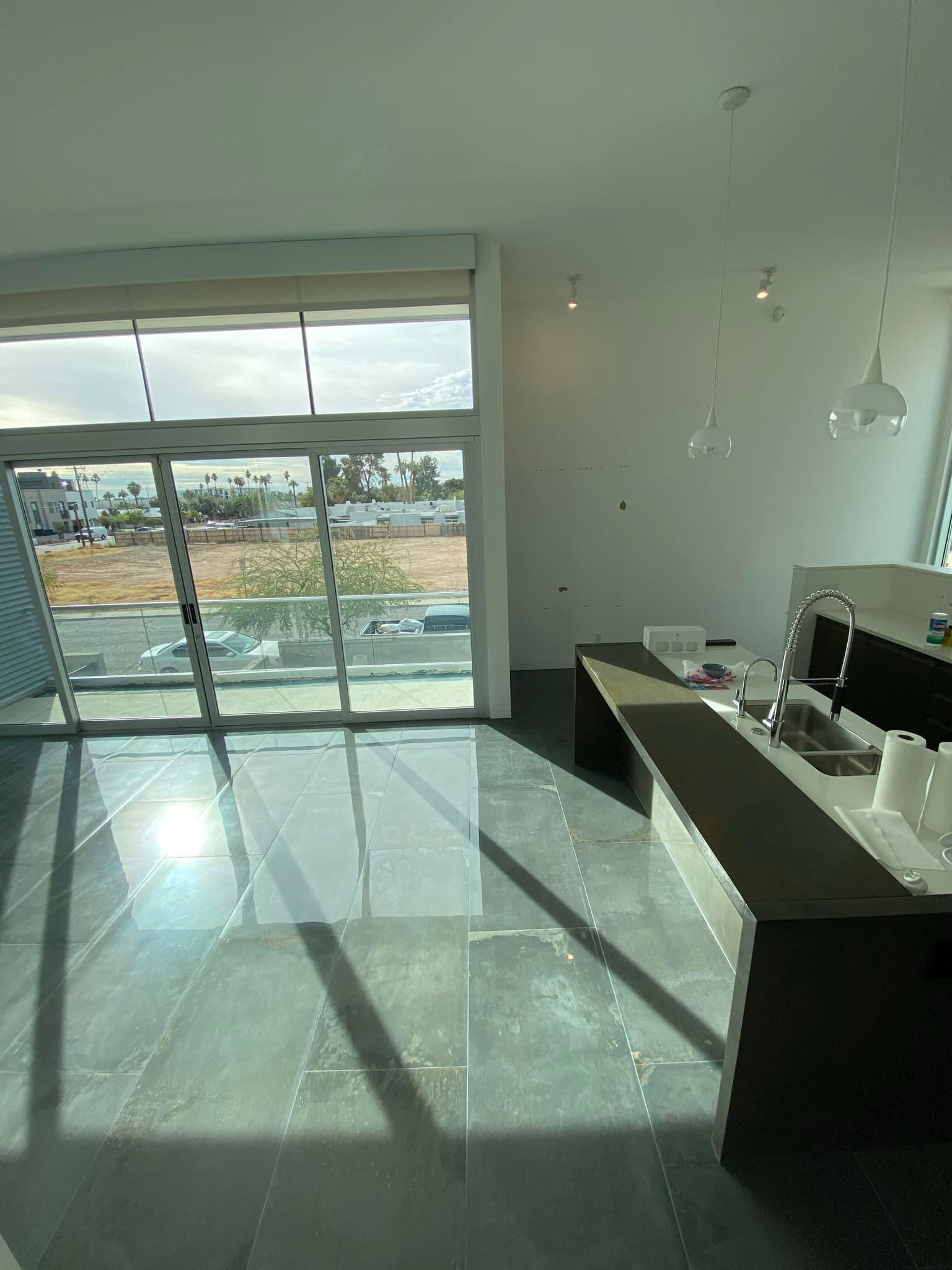 There is a large window in the middle of the room.