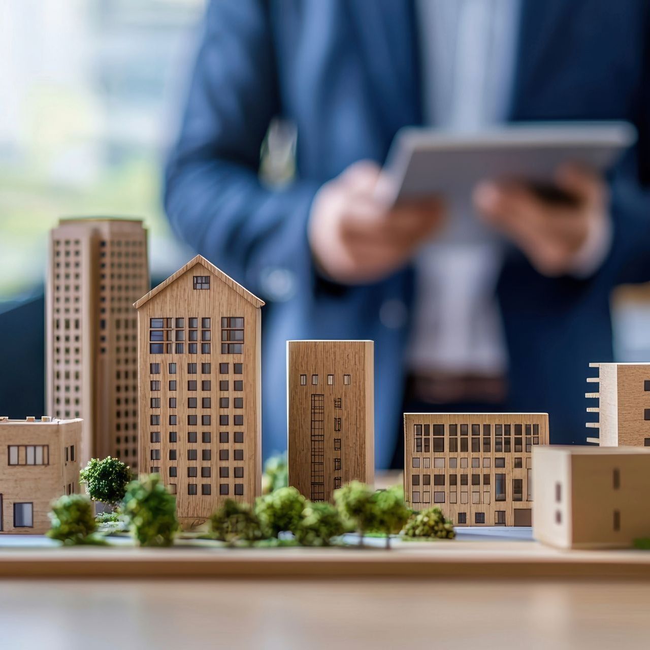 A man is holding a tablet in front of a model of a city.