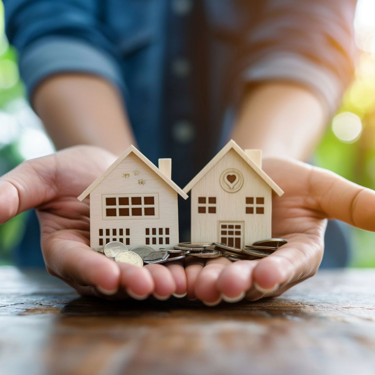 A person is holding two small houses and coins in their hands.