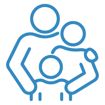 Blue line drawing of a family: two parents embracing their child