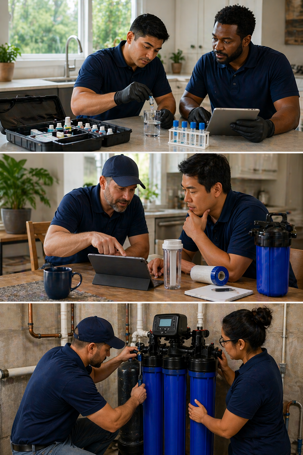 Two people assemble blue water filters at a table in a workshop