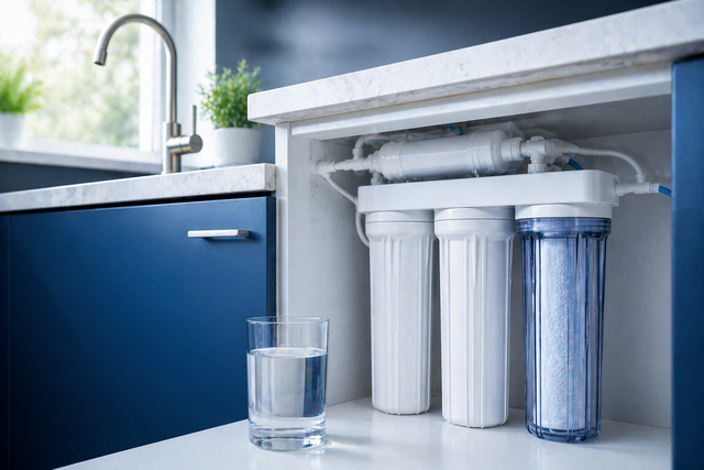 Under-sink water filtration system with glass on a kitchen counter
