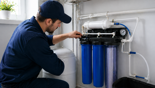 Technician inspecting a wall-mounted water filter system with blue cartridges and white piping
