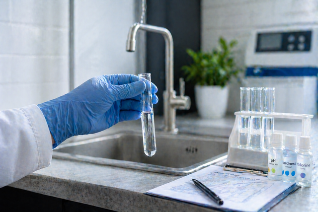 Gloved hand holding a test tube at a lab sink beside beakers and a notebook