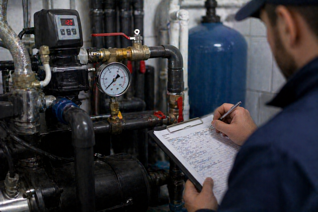 Technician inspecting industrial pipes and gauges while taking notes on a clipboard.