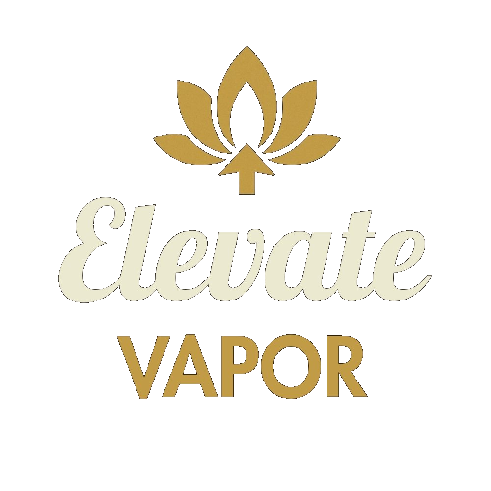 A gold lotus flower icon above the text "Elevate VAPOR" in stylized, cream-colored and gold lettering.