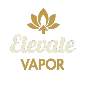 A gold lotus flower icon above the text "Elevate VAPOR" in stylized, cream-colored and gold lettering.
