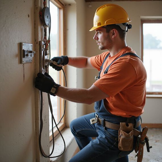Electrician in hard hat, overalls, working on electrical panel, near a window.