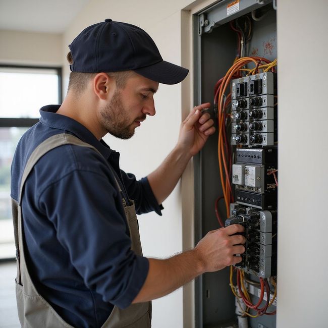 Electrician working on electrical panel, wearing overalls and cap.