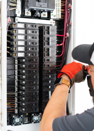 Electrician working inside a circuit breaker panel, wearing safety gloves.