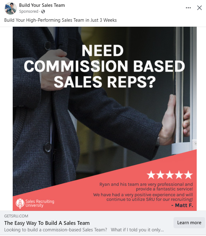 a facebook post that says need commission based sales reps