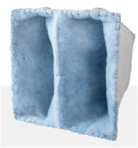 Blue and white air filter. Rectangular, with two interior pockets.