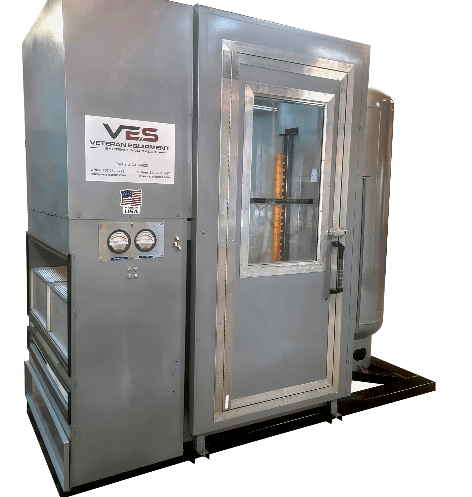 Large industrial gray cabinet with door, gauges, and window, likely for testing or manufacturing.