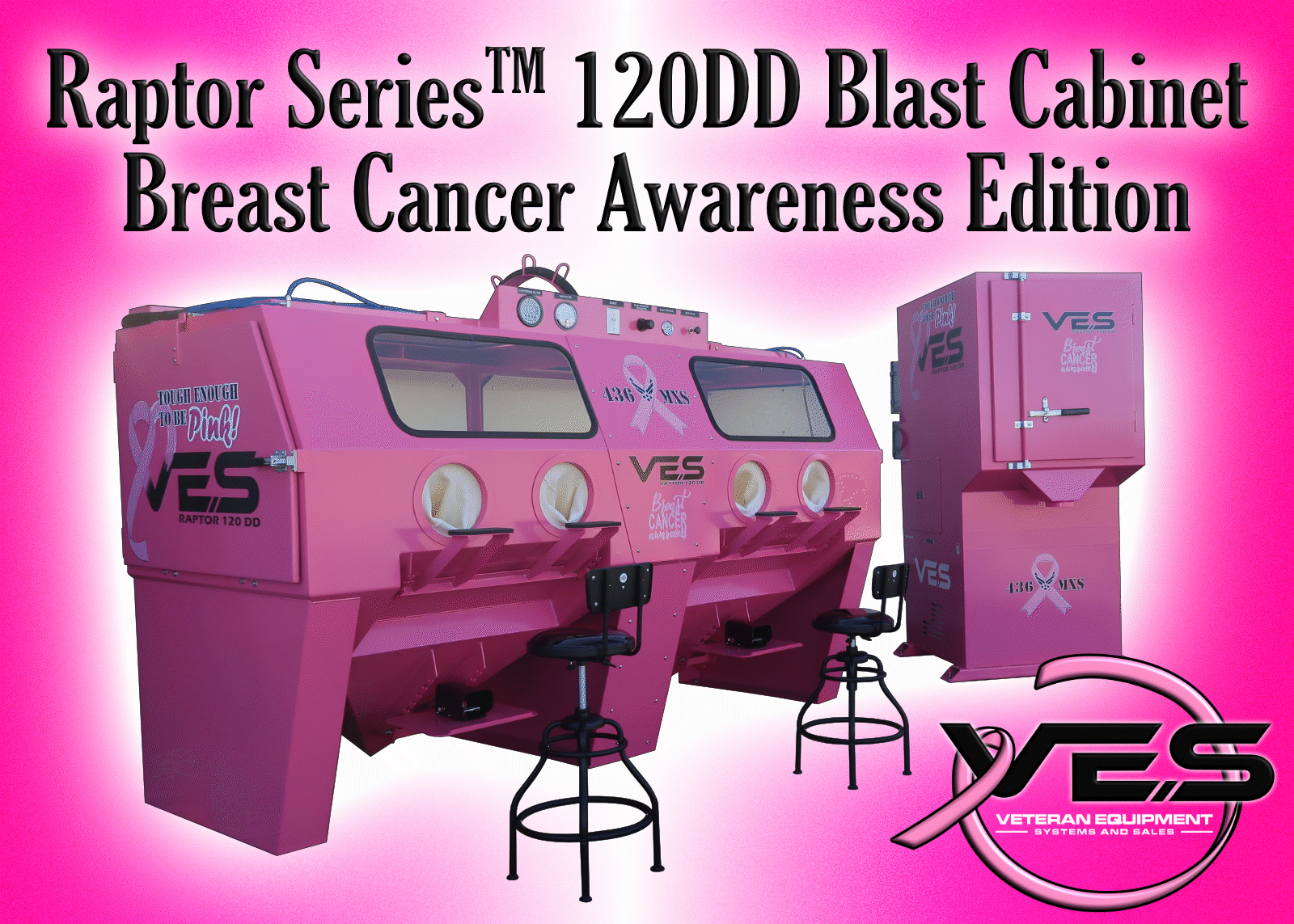 Pink Raptor Series blast cabinet, Breast Cancer Awareness Edition, with logo.