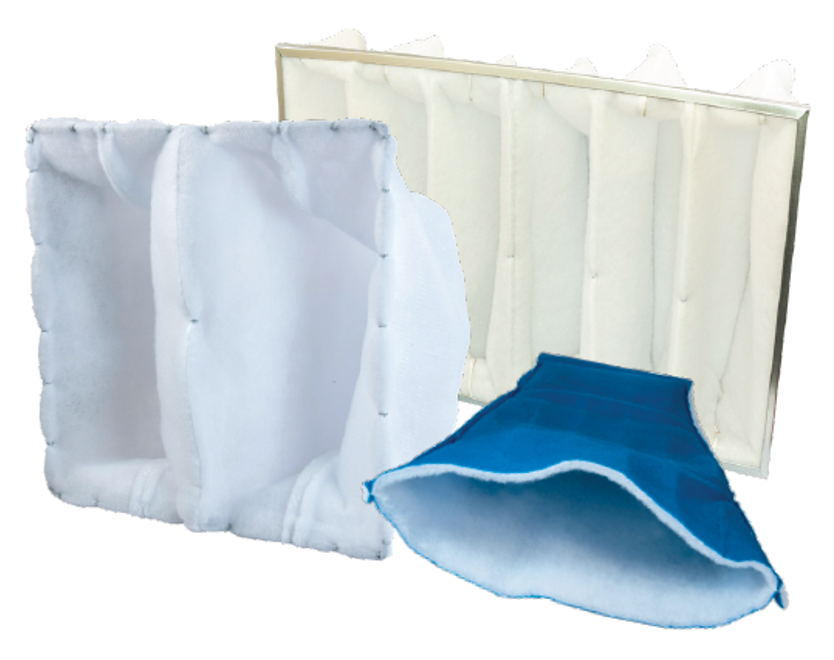 Three air filters: two white and one blue, for industrial use.