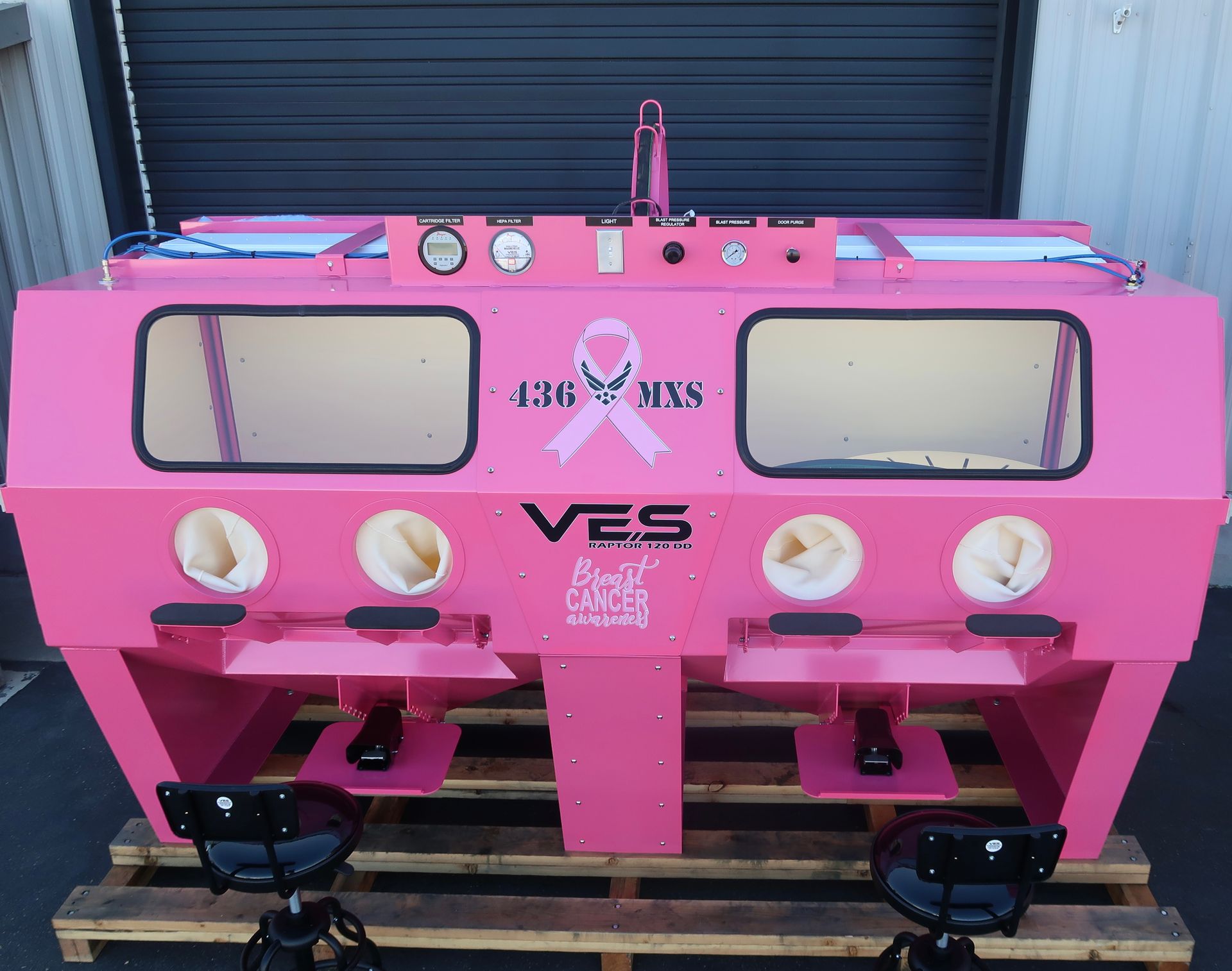 Pink sandblasting cabinet with two work areas, supports Breast Cancer Awareness.