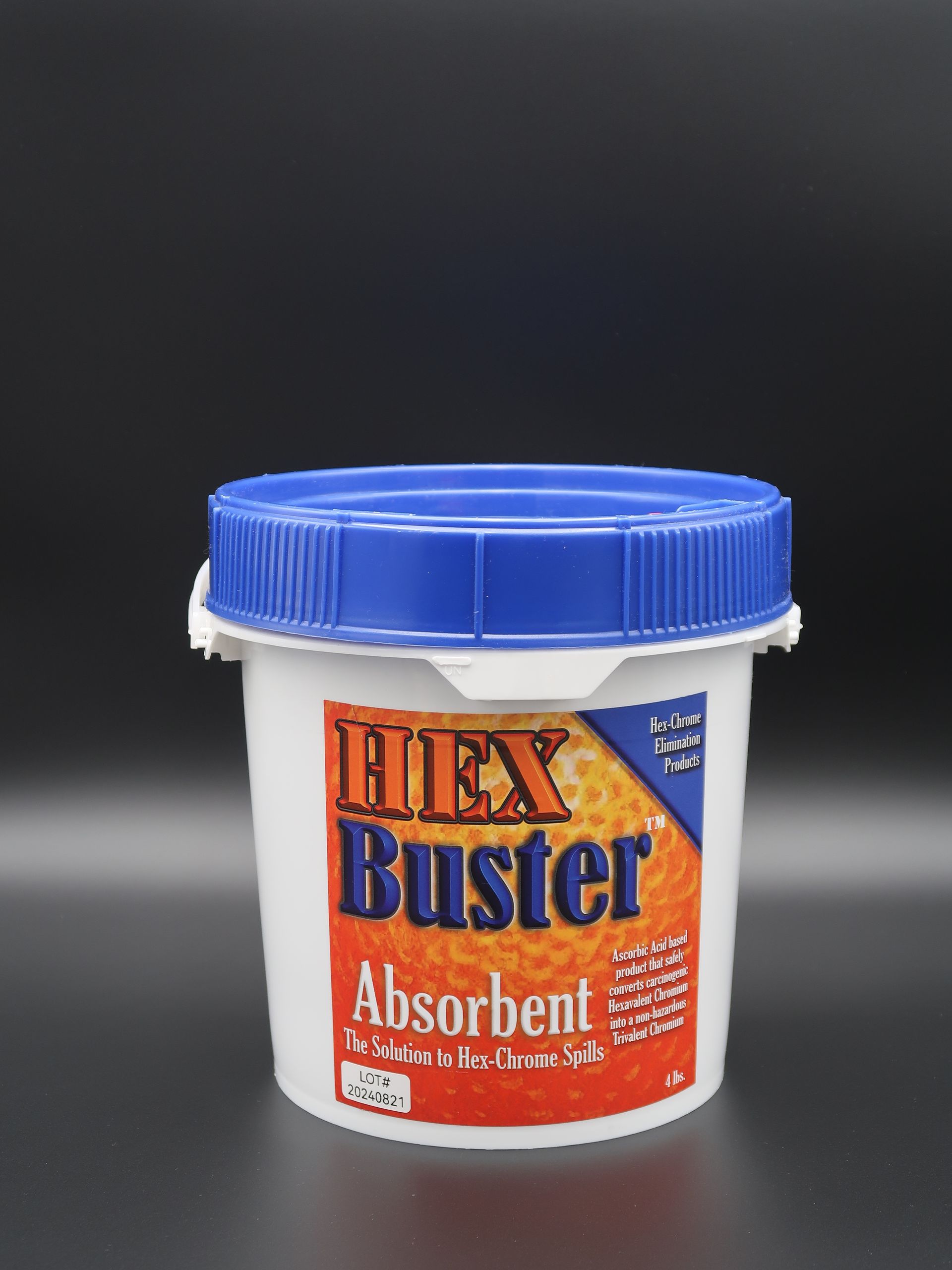 White bucket of Flex Buster absorbent with blue lid and orange and red label.